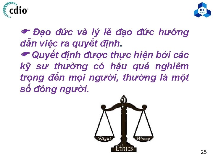 Đạo đức và lý lẽ đạo đức hướng dẫn việc ra quyết định. Đạo đức và lý lẽ đạo đức hướng dẫn việc ra quyết định.