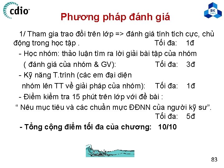 Phương pháp đánh giá 1/ Tham gia trao đổi trên lớp => đánh giá