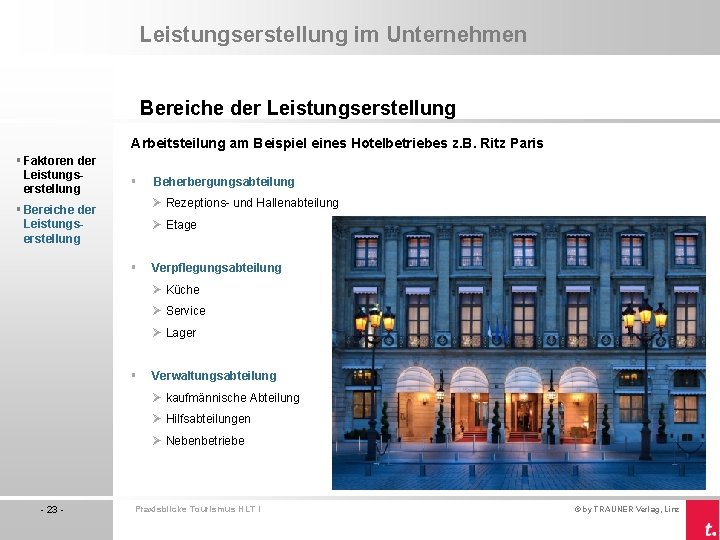 Leistungserstellung im Unternehmen Bereiche der Leistungserstellung Arbeitsteilung am Beispiel eines Hotelbetriebes z. B. Ritz