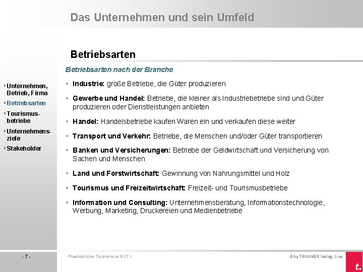 Das Unternehmen und sein Umfeld Betriebsarten nach der Branche § Unternehmen, Betrieb, Firma §