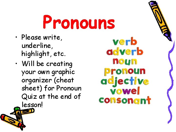 Pronouns • Please write, underline, highlight, etc. • Will be creating your own graphic