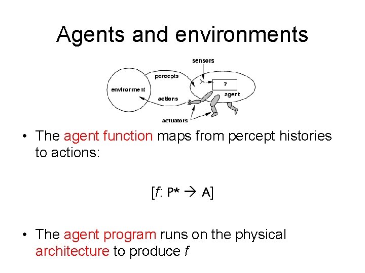 Agents and environments • The agent function maps from percept histories to actions: [f: