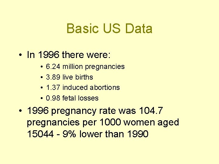 Basic US Data • In 1996 there were: • • 6. 24 million pregnancies