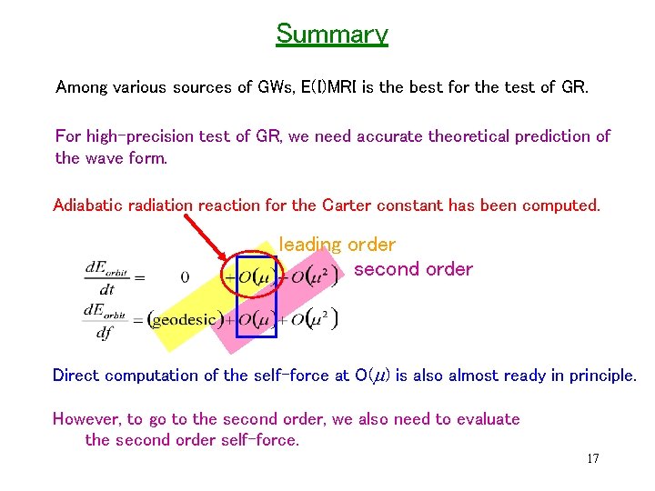 Summary Among various sources of GWs, E(I)MRI is the best for the test of