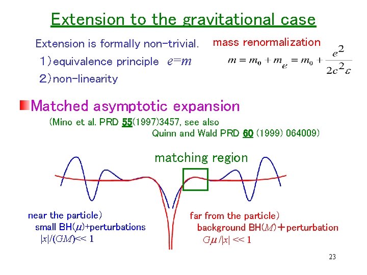 Extension to the gravitational case Extension is formally non-trivial. １）equivalence principle　e=m ２）non-linearity mass renormalization