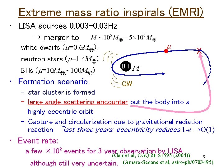 Extreme mass ratio inspirals (EMRI) • LISA sources 0. 003 -0. 03 Hz 　　　