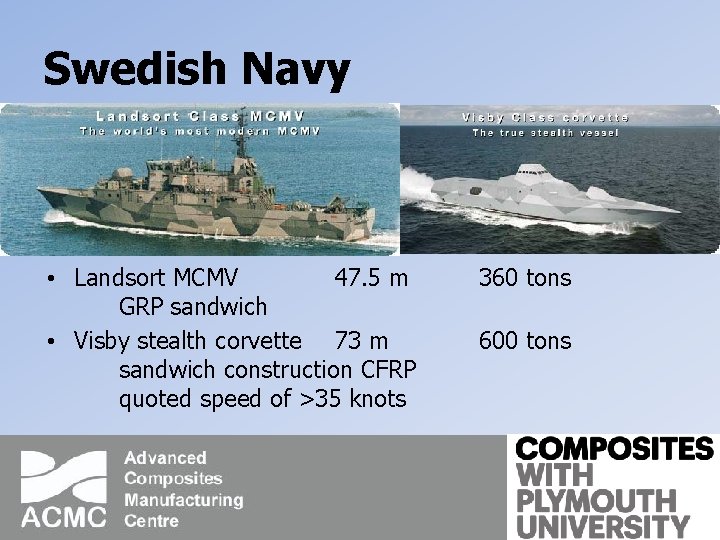 Swedish Navy • Landsort MCMV 47. 5 m GRP sandwich • Visby stealth corvette