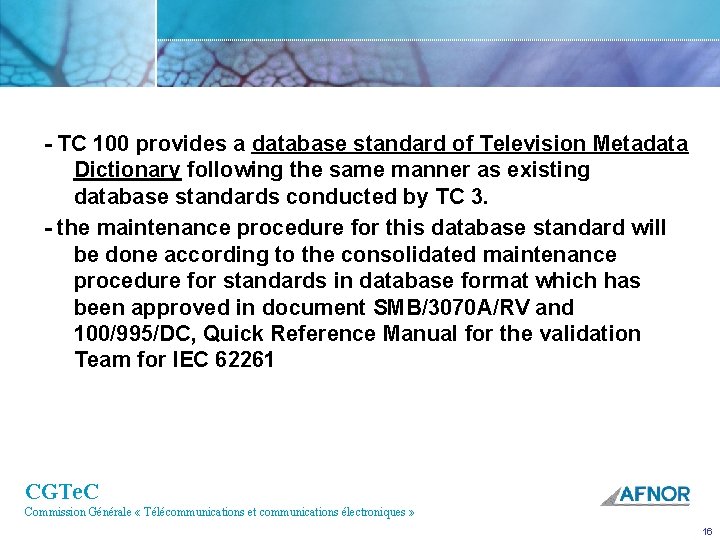  TC 100 provides a database standard of Television Metadata Dictionary following the same