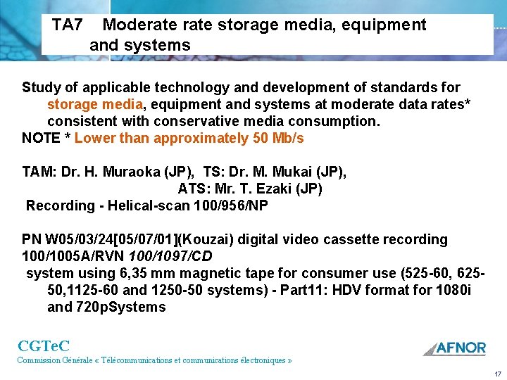  TA 7 Moderate storage media, equipment and systems Study of applicable technology and