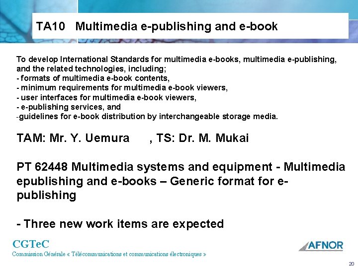 TA 10 Multimedia e publishing and e book To develop International Standards for multimedia