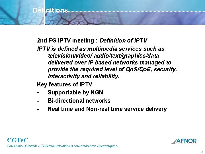 Définitions 2 nd FG IPTV meeting : Definition of IPTV is defined as multimedia