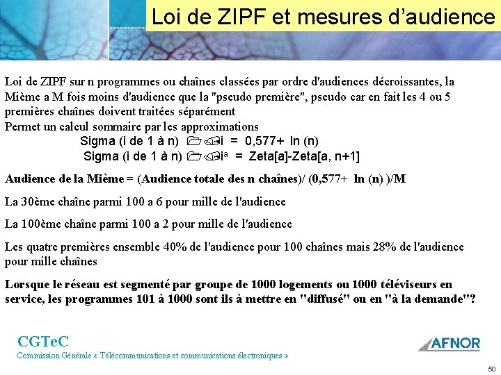 Loi de ZIPF et mesures d’audience Loi de ZIPF sur n programmes ou chaînes