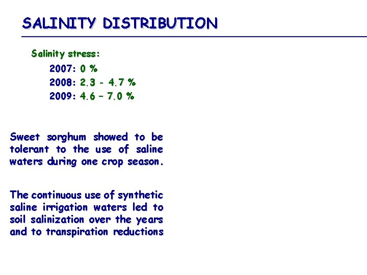 SALINITY DISTRIBUTION Salinity stress: 2007: 0 % 2008: 2. 3 - 4. 7 %