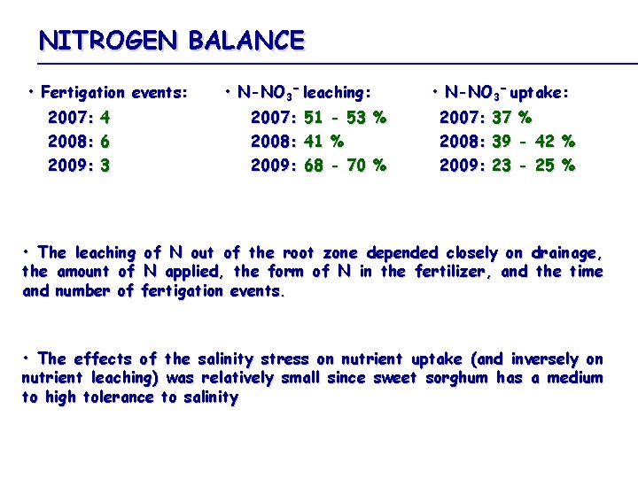 NITROGEN BALANCE • Fertigation events: 2007: 4 2008: 6 2009: 3 • N-NO 3−