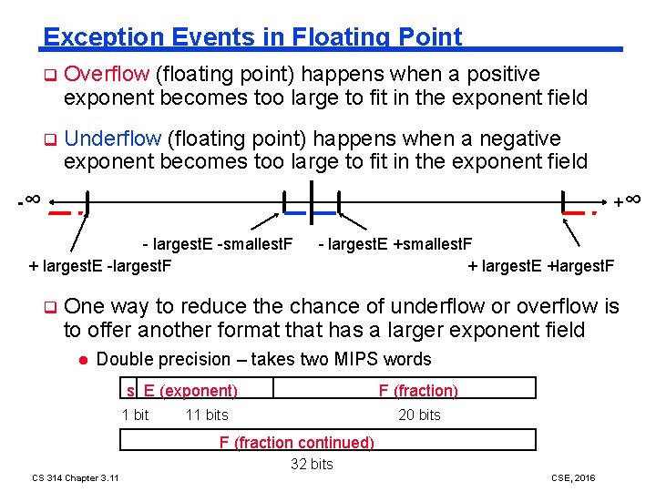 Exception Events in Floating Point q Overflow (floating point) happens when a positive exponent