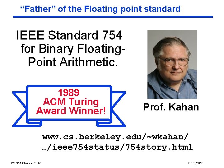 “Father” of the Floating point standard IEEE Standard 754 for Binary Floating. Point Arithmetic.