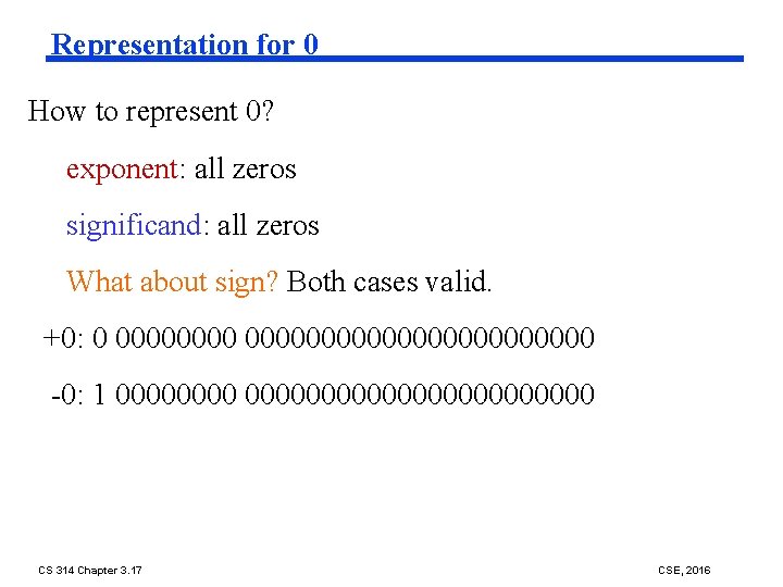 Representation for 0 How to represent 0? exponent: all zeros significand: all zeros What