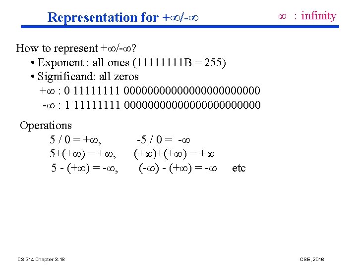 ∞ ：infinity Representation for +∞/-∞ How to represent +∞/-∞? • Exponent : all ones