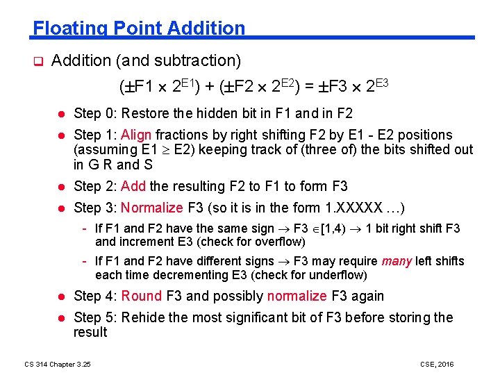 Floating Point Addition q Addition (and subtraction) ( F 1 2 E 1) +