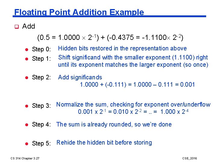 Floating Point Addition Example q Add (0. 5 = 1. 0000 2 -1) +