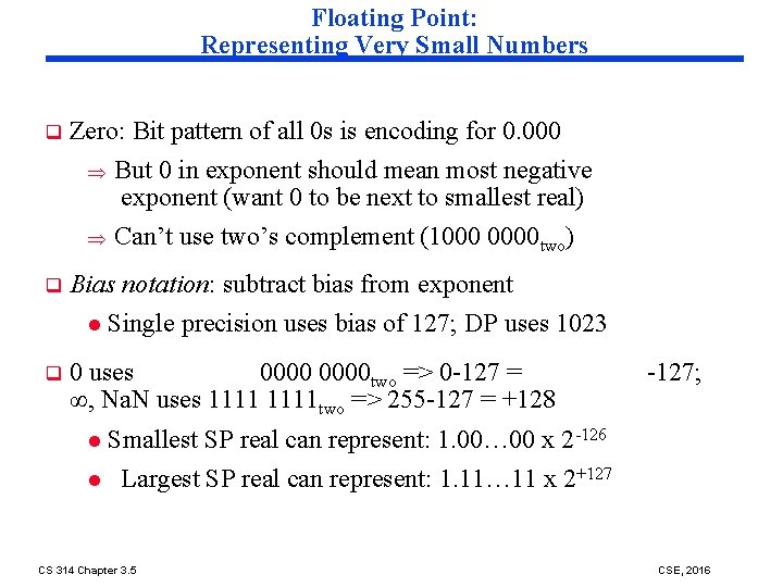Floating Point: Representing Very Small Numbers q Zero: Bit pattern of all 0 s