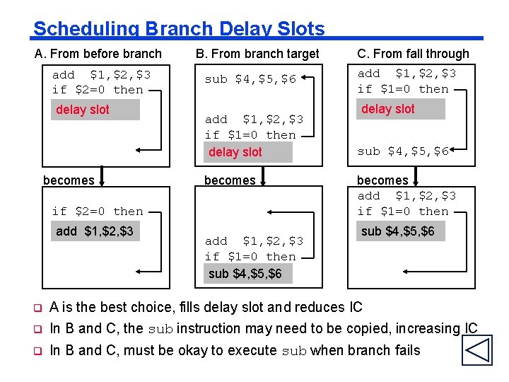 Scheduling Branch Delay Slots A. From before branch add $1, $2, $3 if $2=0