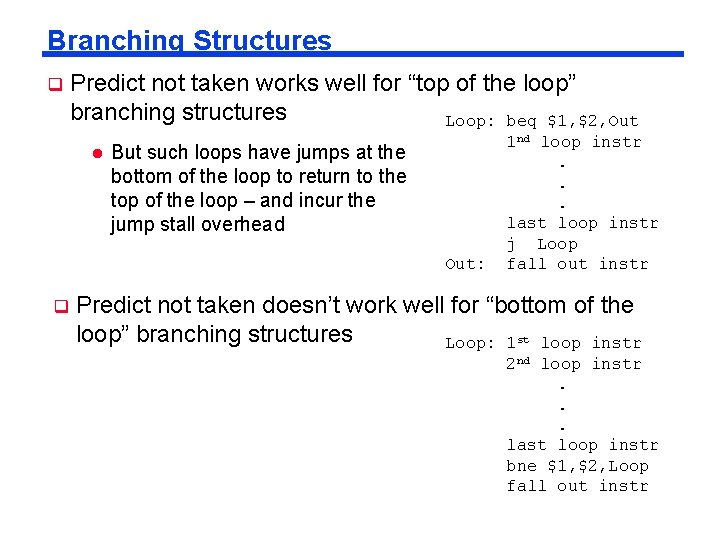 Branching Structures q Predict not taken works well for “top of the loop” branching