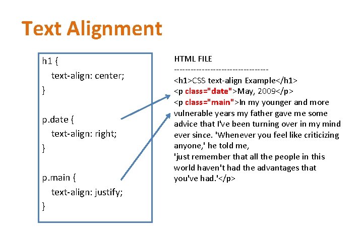 Text Alignment h 1 { text-align: center; } p. date { text-align: right; } Text Alignment h 1 { text-align: center; } p. date { text-align: right; }