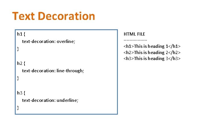 Text Decoration h 1 { text-decoration: overline; } h 2 { text-decoration: line-through; } Text Decoration h 1 { text-decoration: overline; } h 2 { text-decoration: line-through; }