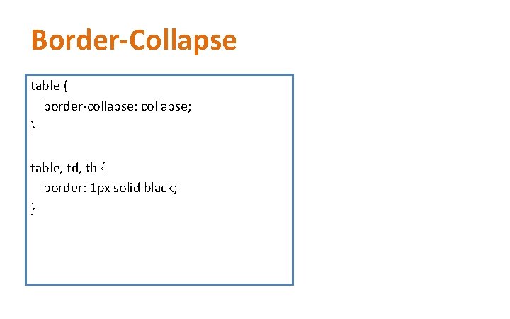 Border-Collapse table { border-collapse: collapse; } table, td, th { border: 1 px solid Border-Collapse table { border-collapse: collapse; } table, td, th { border: 1 px solid