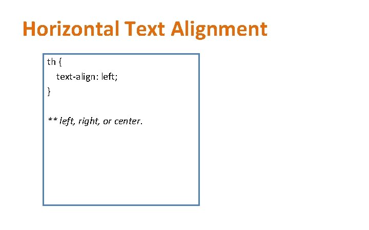Horizontal Text Alignment th { text-align: left; } ** left, right, or center. Horizontal Text Alignment th { text-align: left; } ** left, right, or center.
