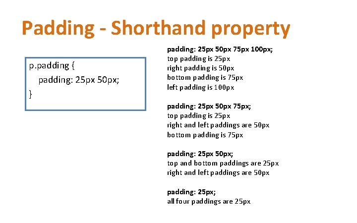 Padding - Shorthand property p. padding { padding: 25 px 50 px; } padding: Padding - Shorthand property p. padding { padding: 25 px 50 px; } padding:
