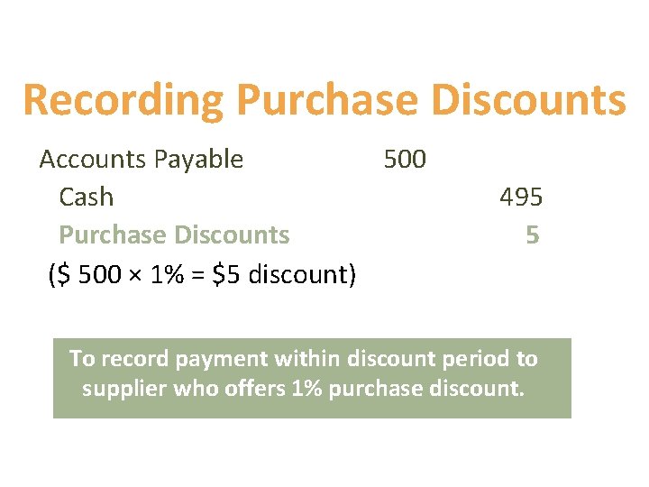 Recording Purchase Discounts Accounts Payable 500 Cash Purchase Discounts ($ 500 × 1% = Recording Purchase Discounts Accounts Payable 500 Cash Purchase Discounts ($ 500 × 1% =