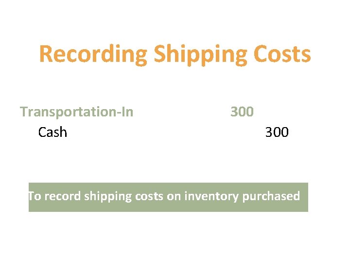 Recording Shipping Costs Transportation-In Cash 300 To record shipping costs on inventory purchased Recording Shipping Costs Transportation-In Cash 300 To record shipping costs on inventory purchased