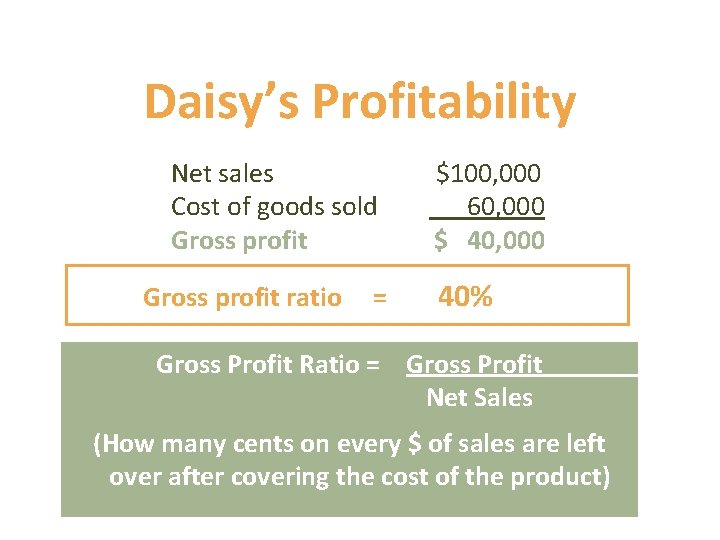 Daisy’s Profitability Net sales Cost of goods sold Gross profit ratio = $100, 000 Daisy’s Profitability Net sales Cost of goods sold Gross profit ratio = $100, 000
