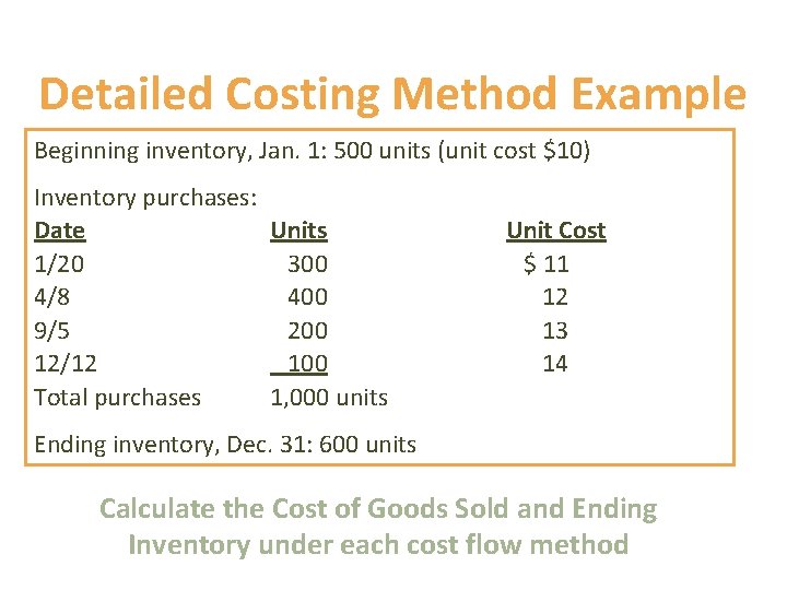 Detailed Costing Method Example Beginning inventory, Jan. 1: 500 units (unit cost $10) Inventory Detailed Costing Method Example Beginning inventory, Jan. 1: 500 units (unit cost $10) Inventory