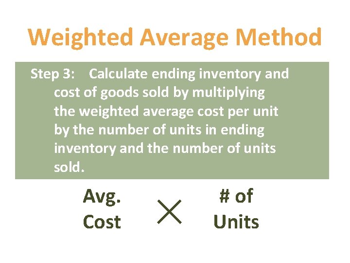 Weighted Average Method Step 3: Calculate ending inventory and cost of goods sold by Weighted Average Method Step 3: Calculate ending inventory and cost of goods sold by