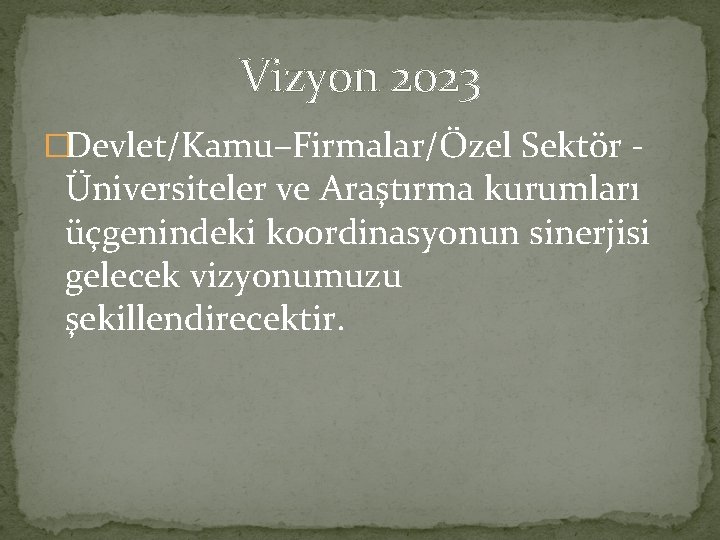 Vizyon 2023 �Devlet/Kamu–Firmalar/Özel Sektör - Üniversiteler ve Araştırma kurumları üçgenindeki koordinasyonun sinerjisi gelecek vizyonumuzu