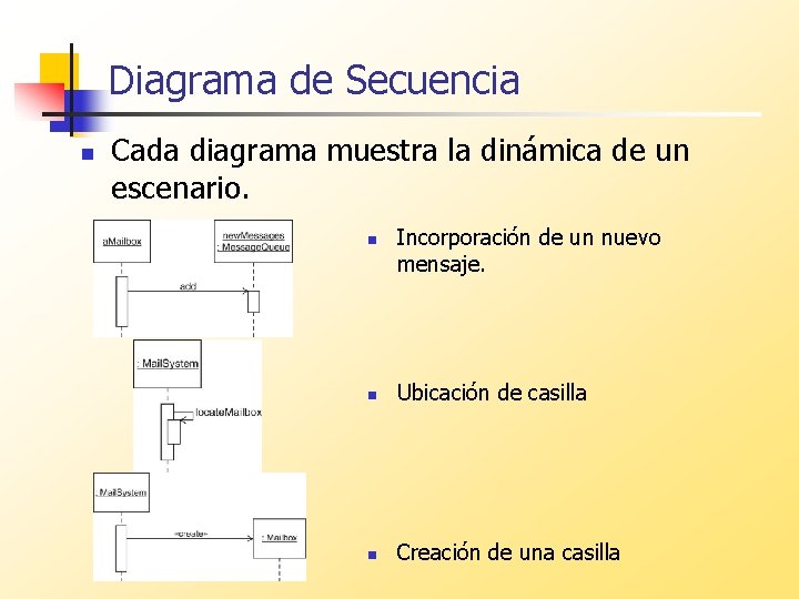 Diagrama de Secuencia n Cada diagrama muestra la dinámica de un escenario. n Incorporación