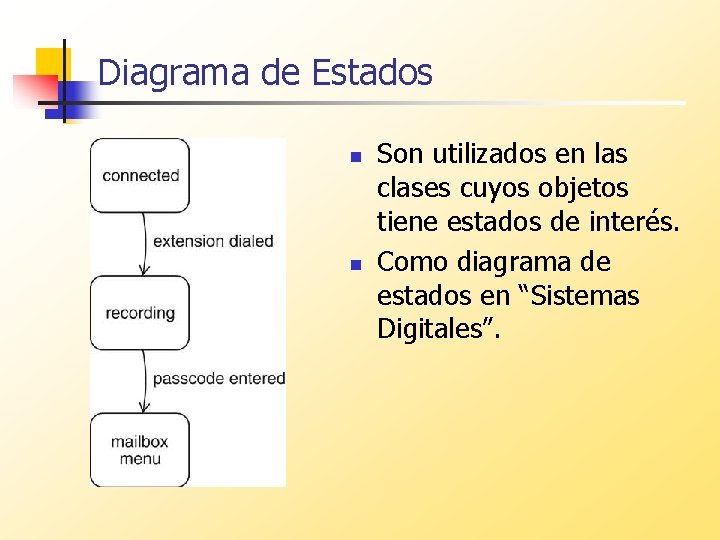 Diagrama de Estados n n Son utilizados en las clases cuyos objetos tiene estados