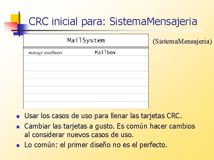 CRC inicial para: Sistema. Mensajeria (Sistema. Mensajeria) n n n Usar los casos de