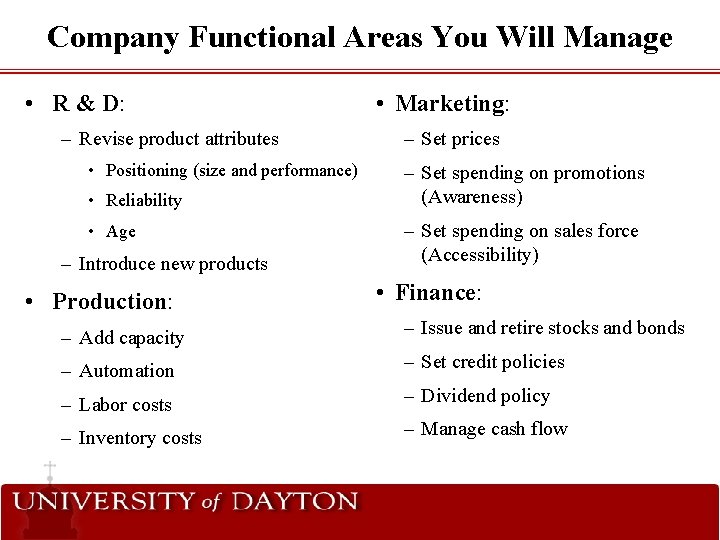 Company Functional Areas You Will Manage • R & D: – Revise product attributes