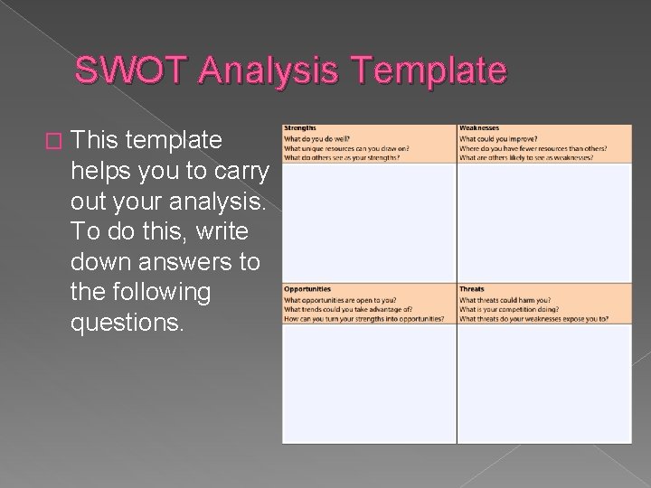 SWOT Analysis Template � This template helps you to carry out your analysis. To