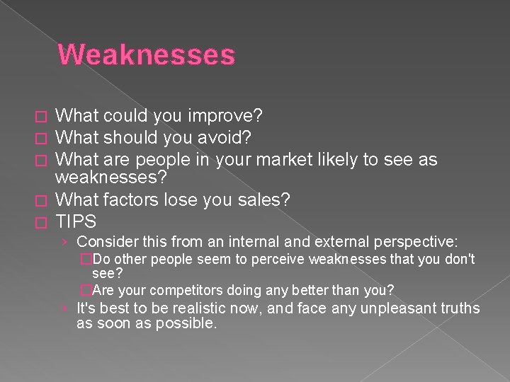 Weaknesses What could you improve? What should you avoid? What are people in your
