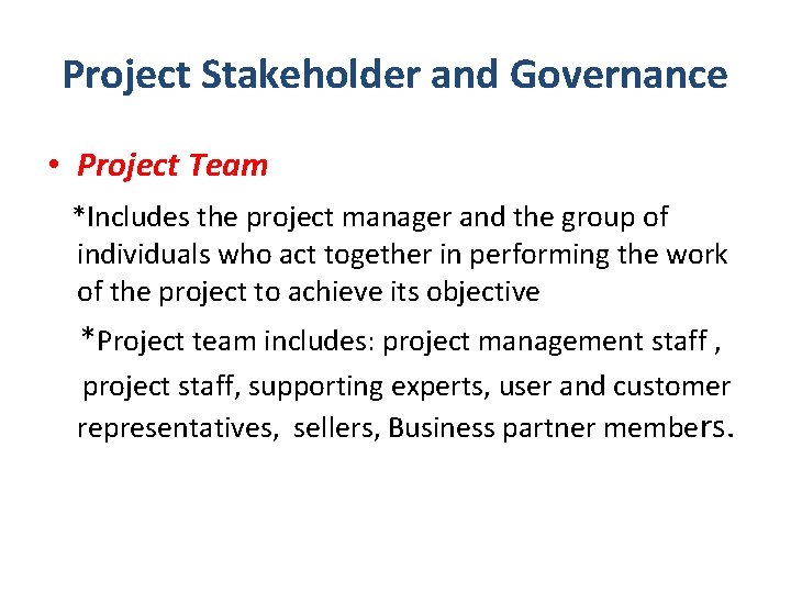 Project Stakeholder and Governance • Project Team *Includes the project manager and the group Project Stakeholder and Governance • Project Team *Includes the project manager and the group
