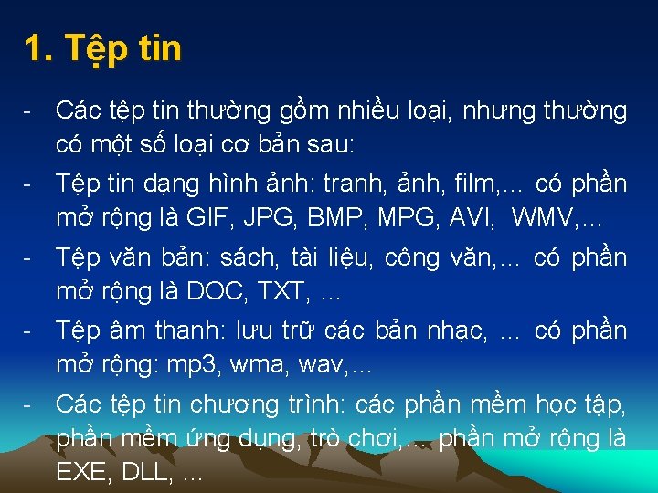 1. Tệp tin - Các tệp tin thường gồm nhiều loại, nhưng thường có