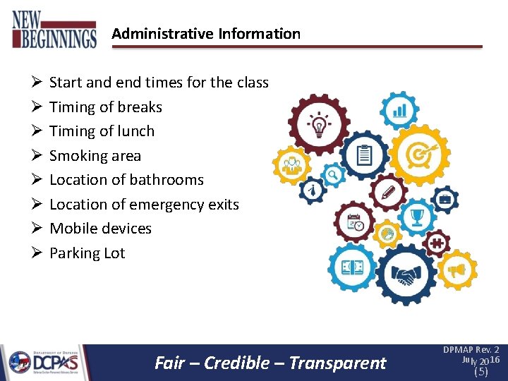 Administrative Information Start and end times for the class Timing of breaks Timing of Administrative Information Start and end times for the class Timing of breaks Timing of