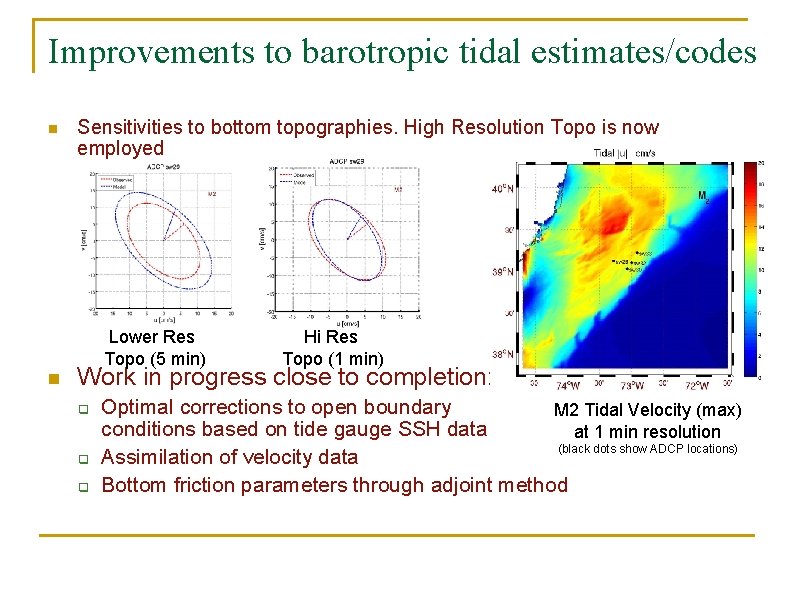 Improvements to barotropic tidal estimates/codes n Sensitivities to bottom topographies. High Resolution Topo is Improvements to barotropic tidal estimates/codes n Sensitivities to bottom topographies. High Resolution Topo is
