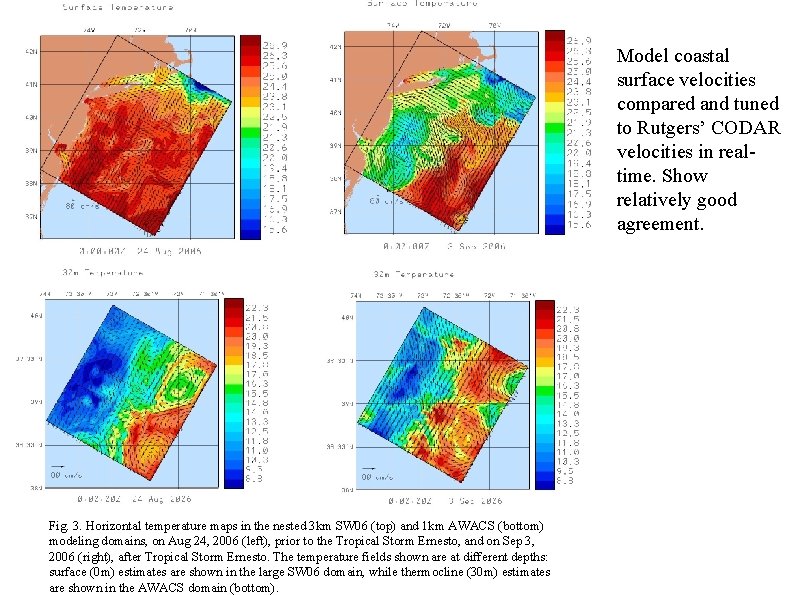 Model coastal surface velocities compared and tuned to Rutgers’ CODAR velocities in realtime. Show Model coastal surface velocities compared and tuned to Rutgers’ CODAR velocities in realtime. Show