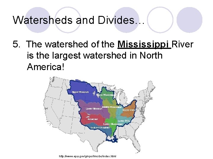 Watersheds and Divides… 5. The watershed of the Mississippi River is the largest watershed